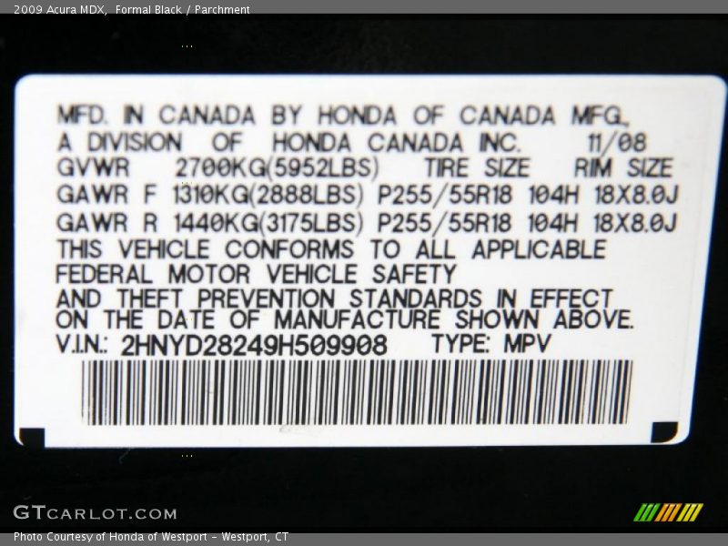 Info Tag of 2009 MDX 