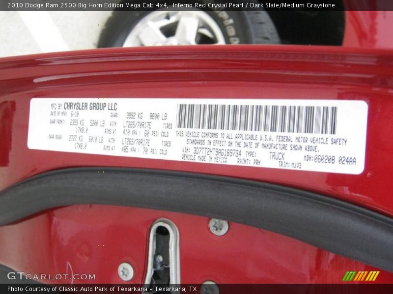 2010 Ram 2500 Big Horn Edition Mega Cab 4x4 Inferno Red Crystal Pearl Color Code PRH