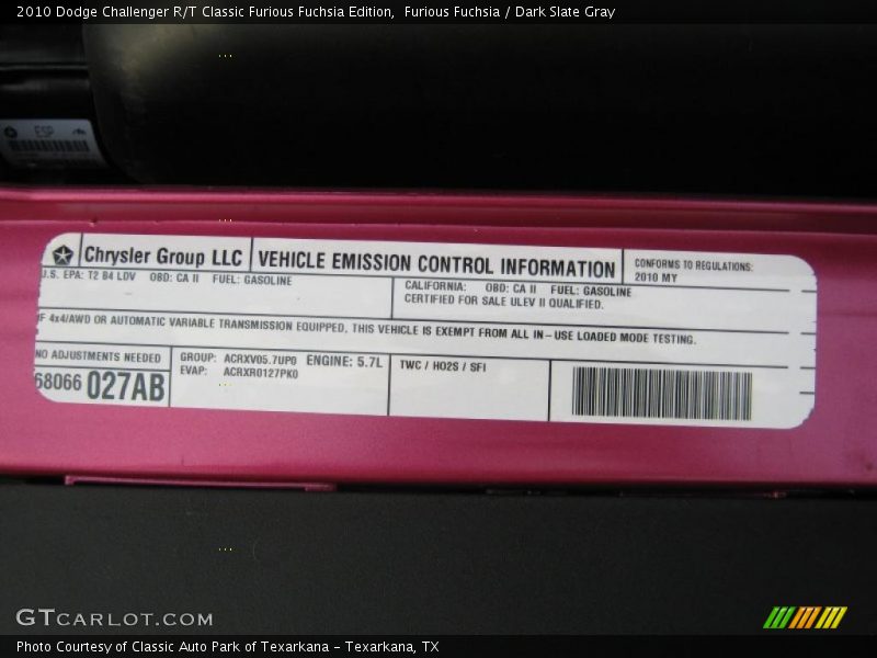 Info Tag of 2010 Challenger R/T Classic Furious Fuchsia Edition