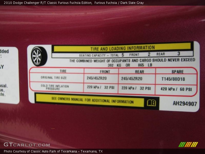 Info Tag of 2010 Challenger R/T Classic Furious Fuchsia Edition