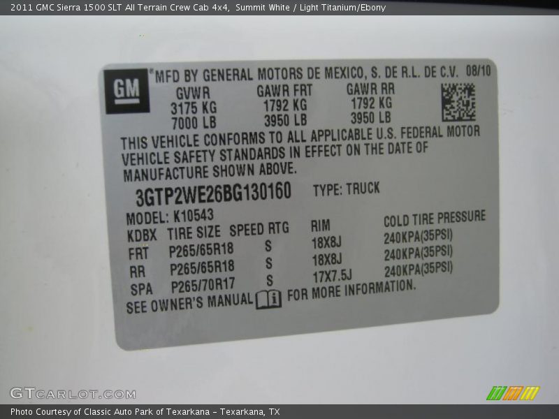 Info Tag of 2011 Sierra 1500 SLT All Terrain Crew Cab 4x4