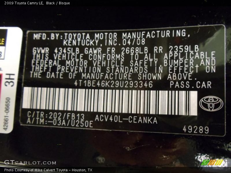 Black / Bisque 2009 Toyota Camry LE