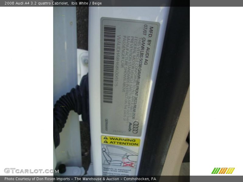 Info Tag of 2008 A4 3.2 quattro Cabriolet