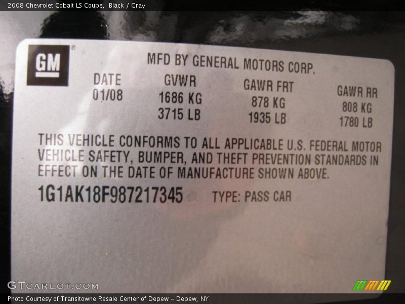 Black / Gray 2008 Chevrolet Cobalt LS Coupe