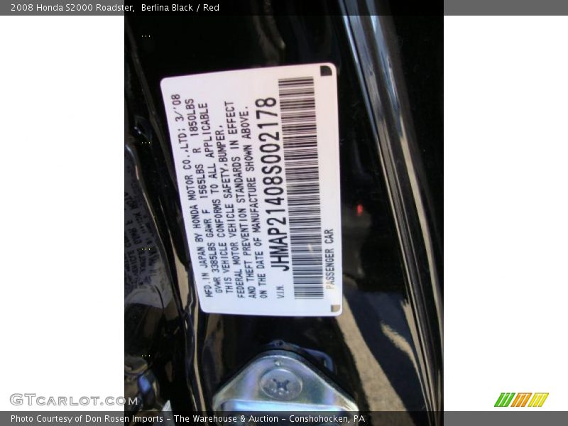 Info Tag of 2008 S2000 Roadster