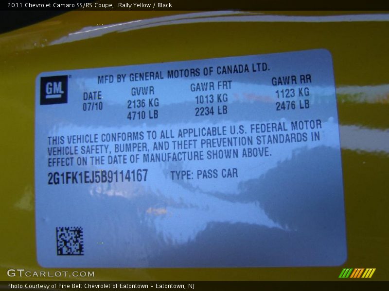 Info Tag of 2011 Camaro SS/RS Coupe