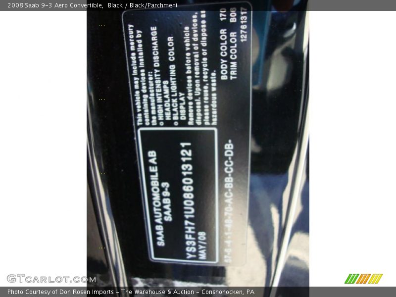 2008 9-3 Aero Convertible Black Color Code 170