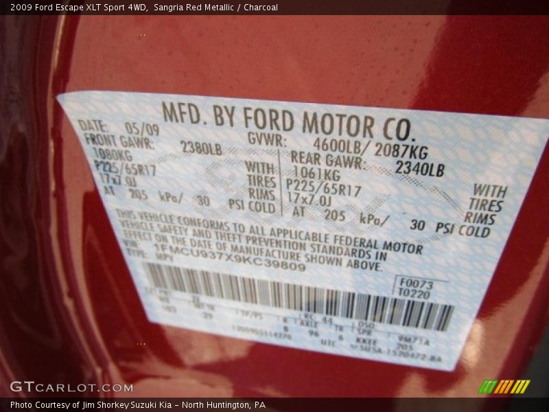 Sangria Red Metallic / Charcoal 2009 Ford Escape XLT Sport 4WD
