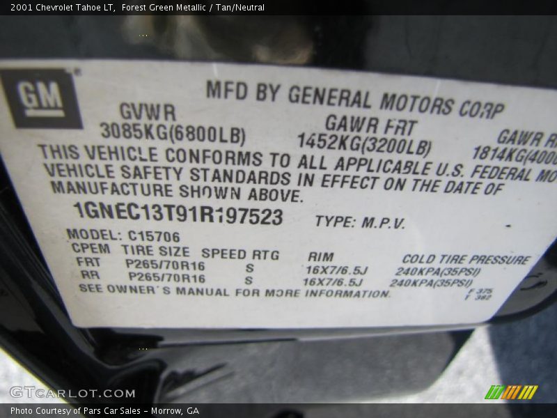 Info Tag of 2001 Tahoe LT