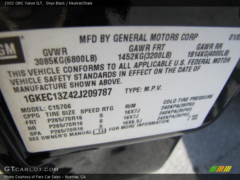 Info Tag of 2002 Yukon SLT