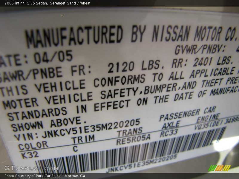 Serengeti Sand / Wheat 2005 Infiniti G 35 Sedan