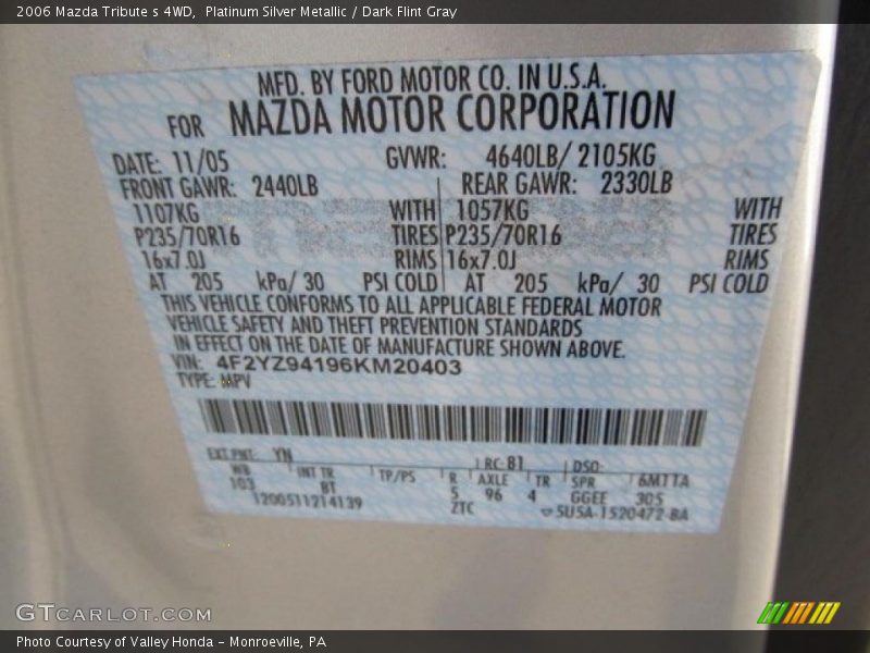 2006 Tribute s 4WD Platinum Silver Metallic Color Code YN