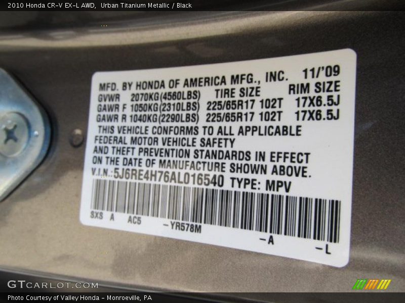 2010 CR-V EX-L AWD Urban Titanium Metallic Color Code YR578M