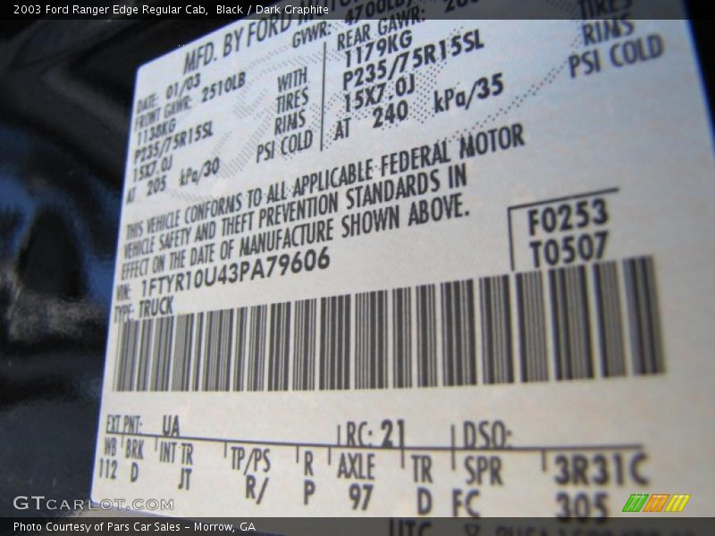 2003 Ranger Edge Regular Cab Black Color Code UA