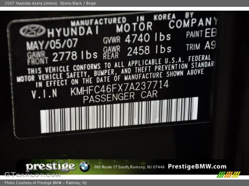 Ebony Black / Beige 2007 Hyundai Azera Limited