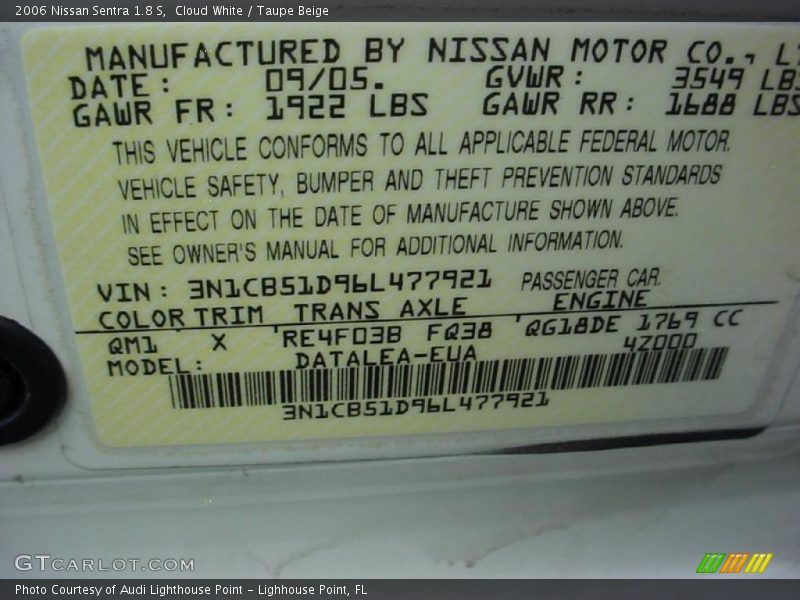 Cloud White / Taupe Beige 2006 Nissan Sentra 1.8 S