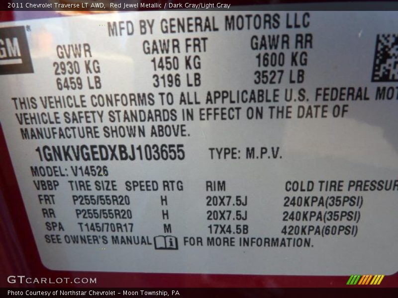 Red Jewel Metallic / Dark Gray/Light Gray 2011 Chevrolet Traverse LT AWD