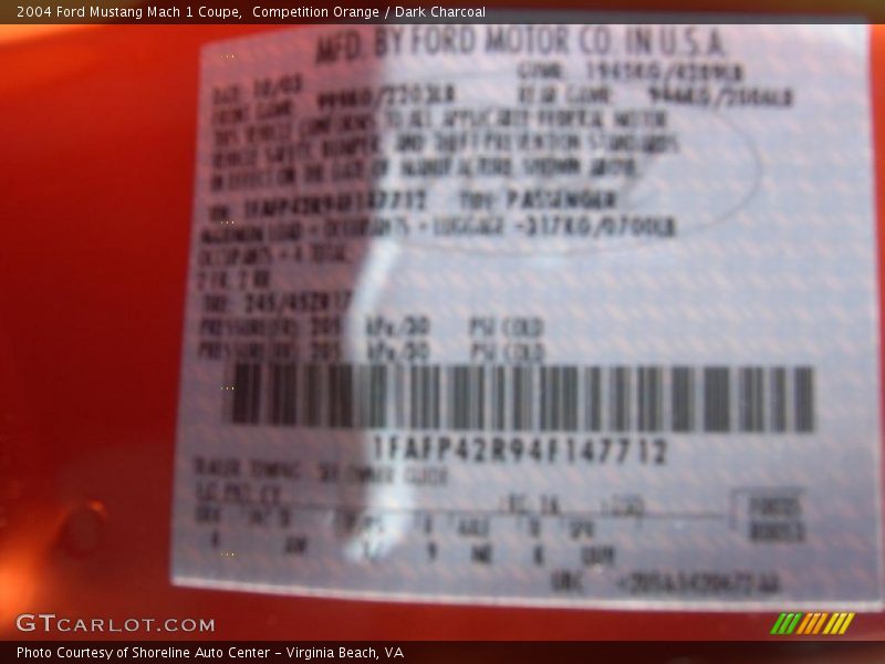 Info Tag of 2004 Mustang Mach 1 Coupe