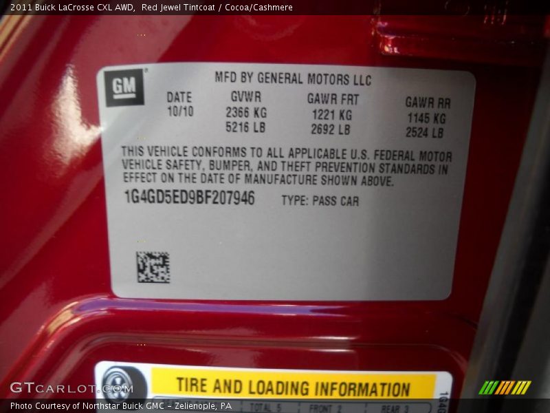 Info Tag of 2011 LaCrosse CXL AWD