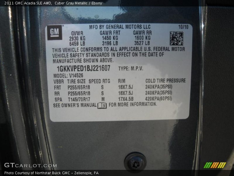 Info Tag of 2011 Acadia SLE AWD