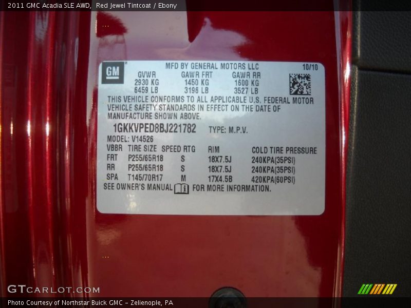 Info Tag of 2011 Acadia SLE AWD