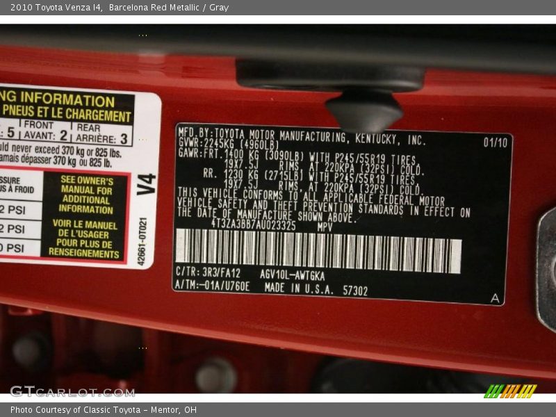 2010 Venza I4 Barcelona Red Metallic Color Code 3R3