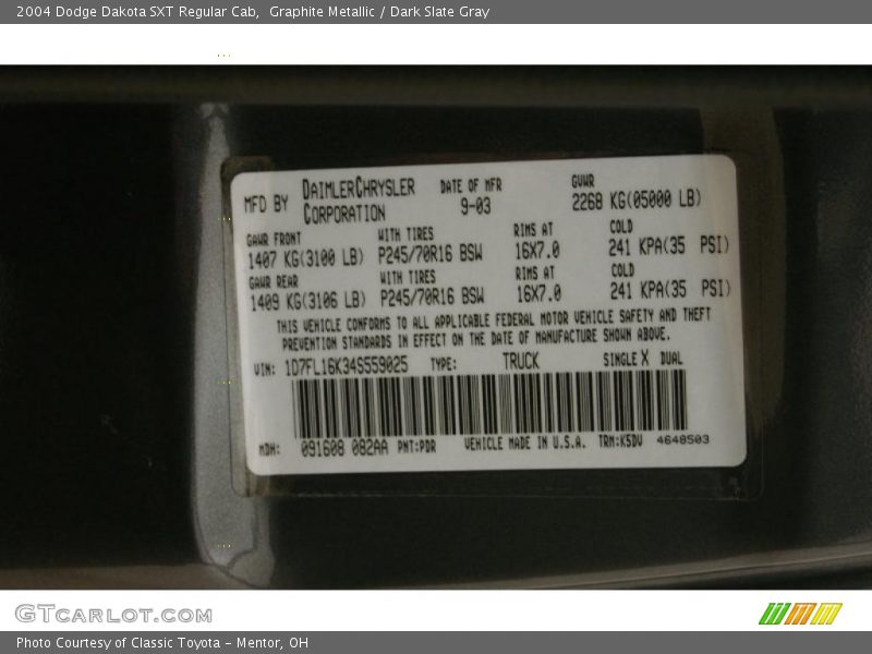 2004 Dakota SXT Regular Cab Graphite Metallic Color Code PDR