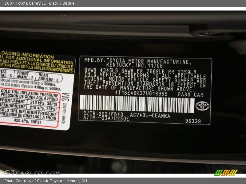 Black / Bisque 2007 Toyota Camry LE