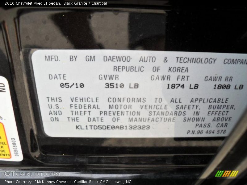 Info Tag of 2010 Aveo LT Sedan