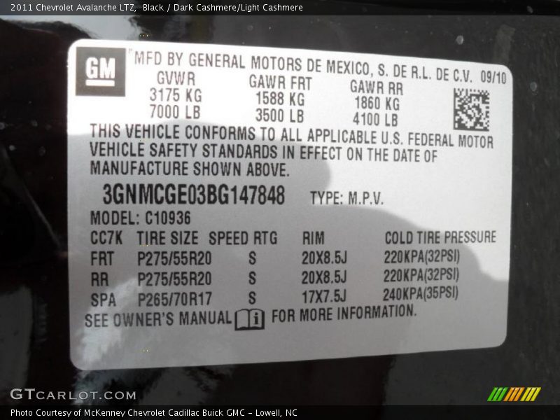 Info Tag of 2011 Avalanche LTZ