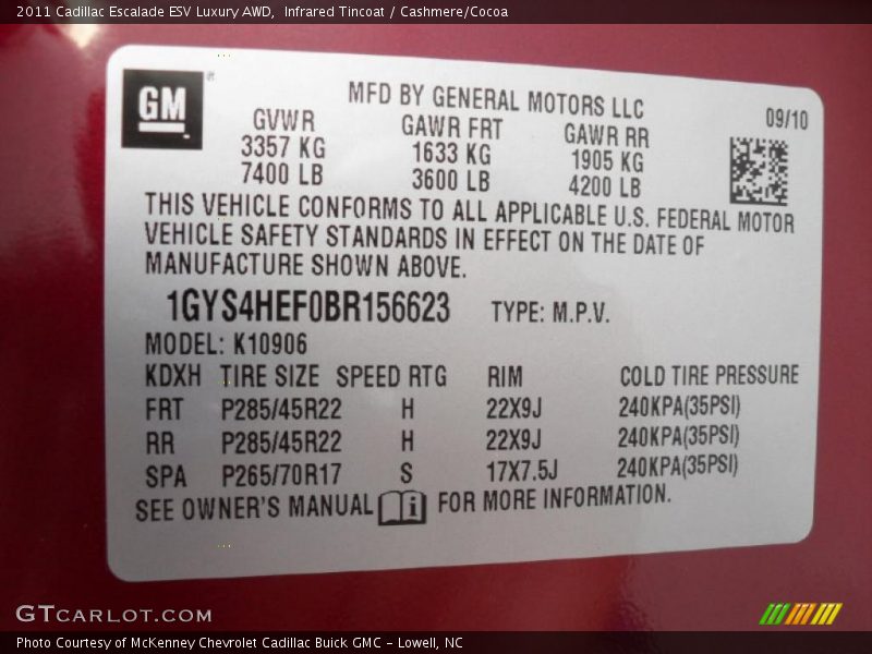 Info Tag of 2011 Escalade ESV Luxury AWD