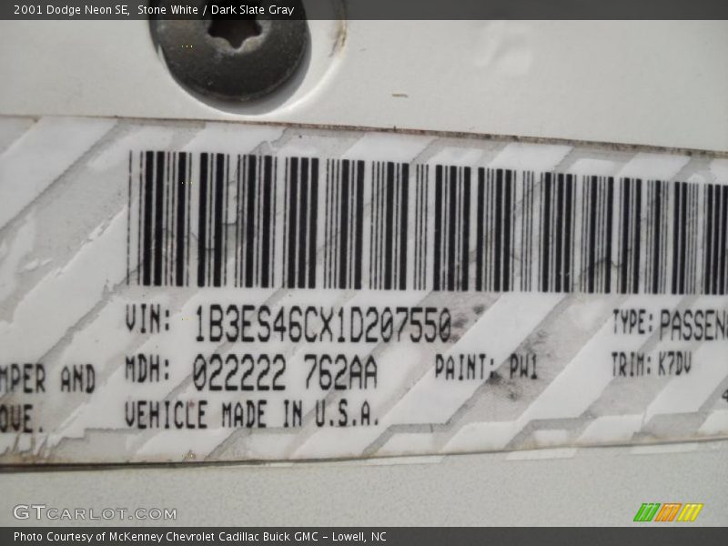 2001 Neon SE Stone White Color Code PW1
