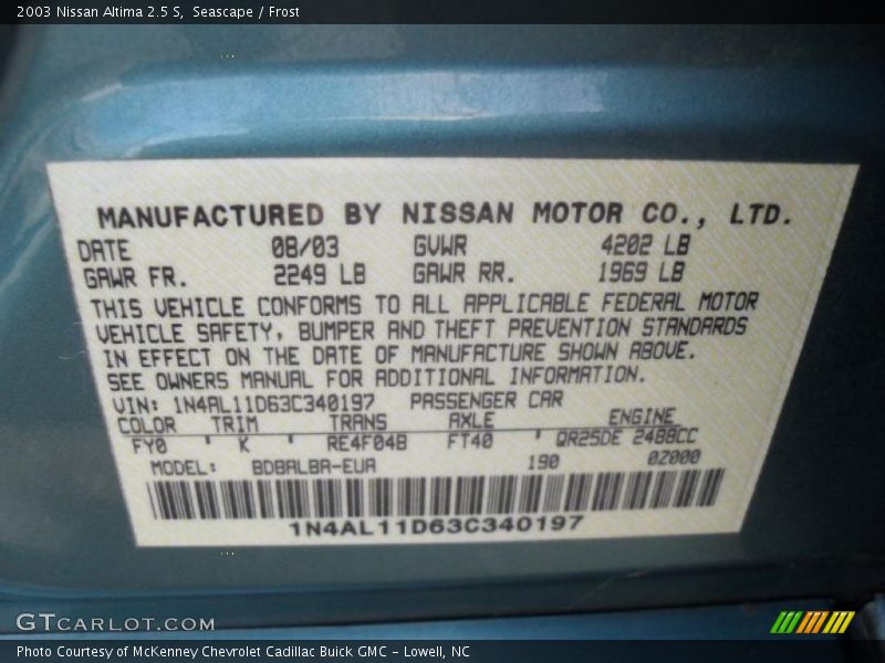 Seascape / Frost 2003 Nissan Altima 2.5 S