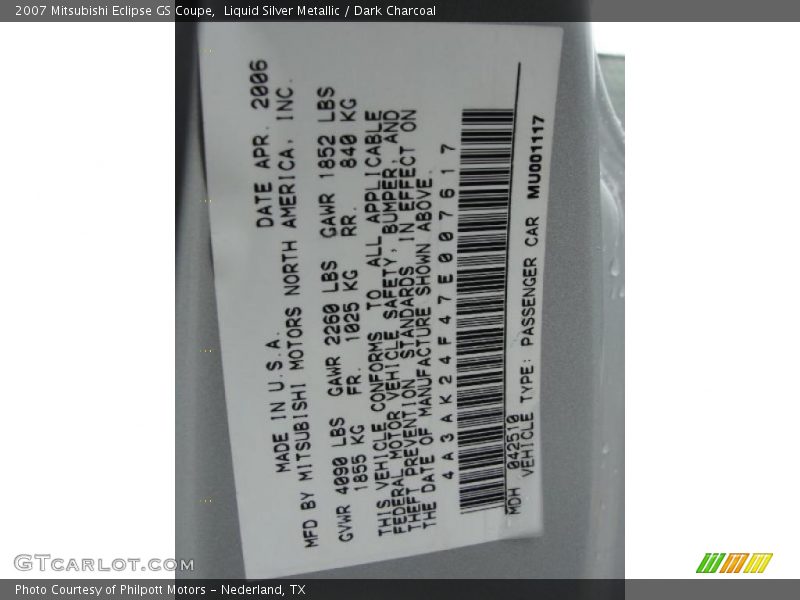 Liquid Silver Metallic / Dark Charcoal 2007 Mitsubishi Eclipse GS Coupe