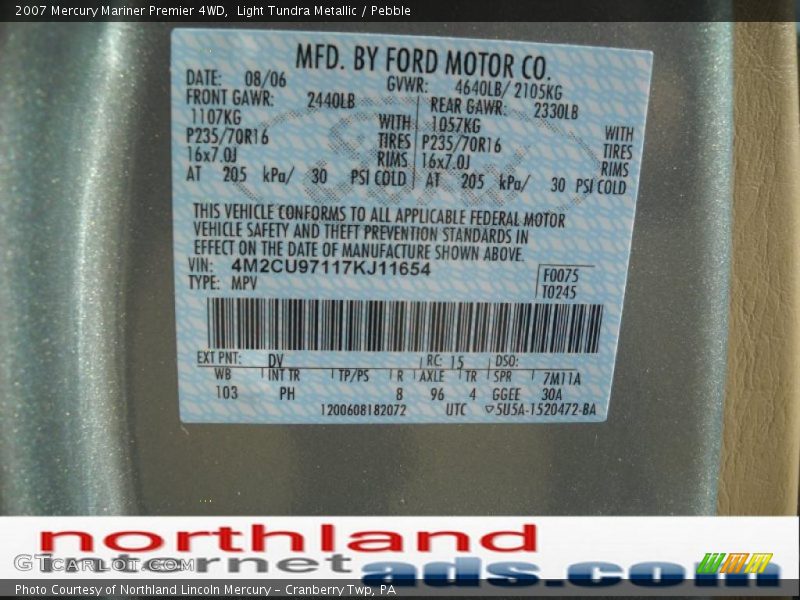 Light Tundra Metallic / Pebble 2007 Mercury Mariner Premier 4WD