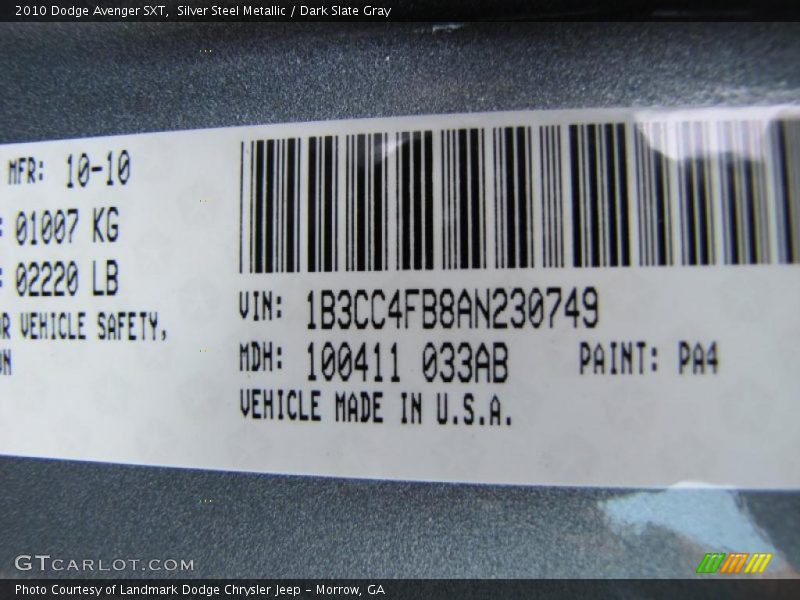 2010 Avenger SXT Silver Steel Metallic Color Code PA4