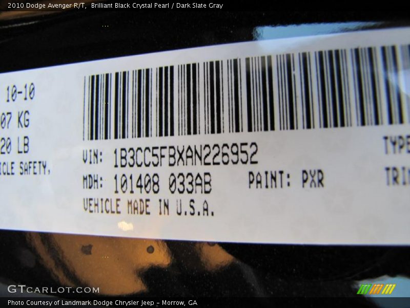 2010 Avenger R/T Brilliant Black Crystal Pearl Color Code PXR