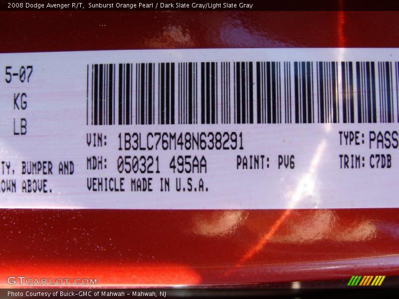 2008 Avenger R/T Sunburst Orange Pearl Color Code PV6