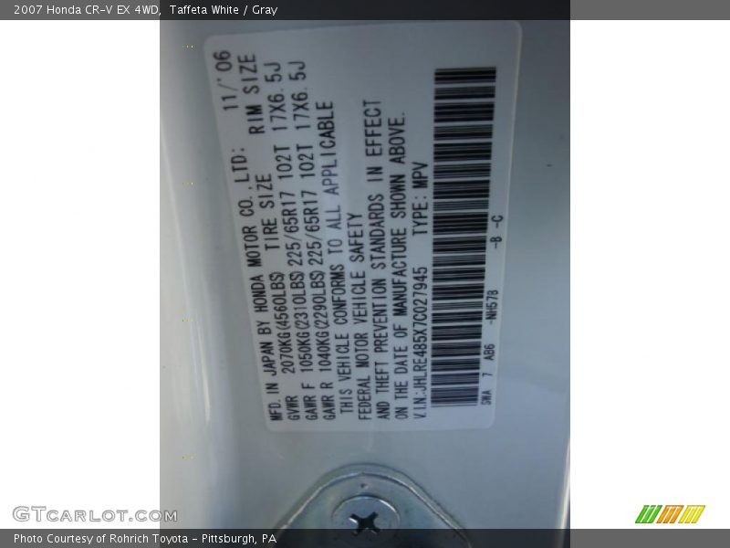 Taffeta White / Gray 2007 Honda CR-V EX 4WD