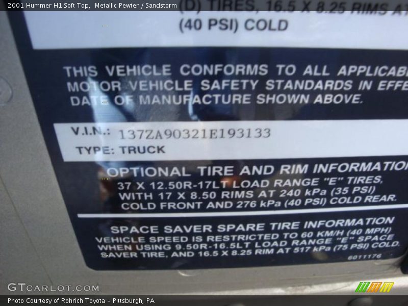 Info Tag of 2001 H1 Soft Top