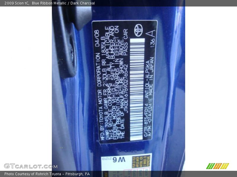 Blue Ribbon Metallic / Dark Charcoal 2009 Scion tC
