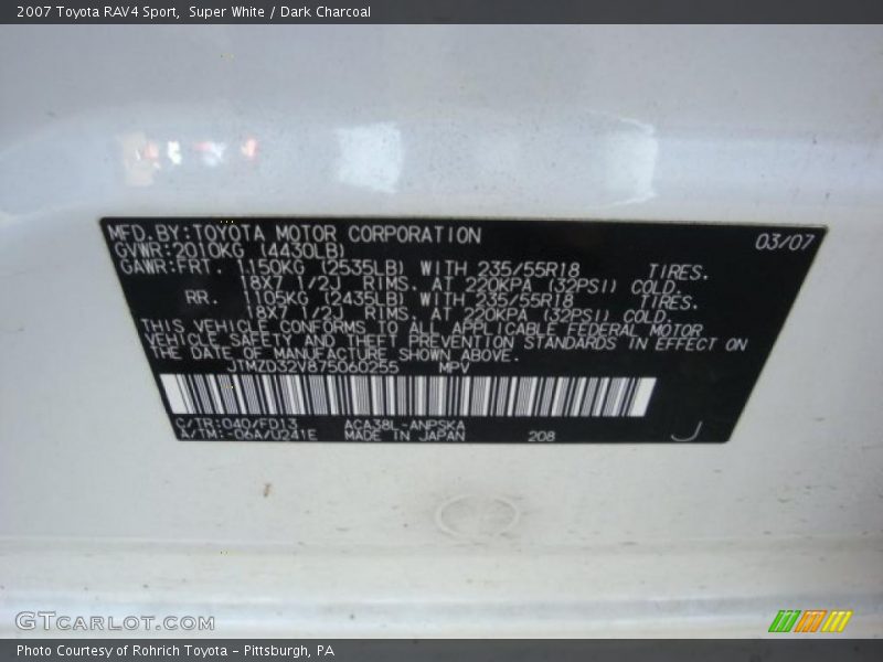 Super White / Dark Charcoal 2007 Toyota RAV4 Sport