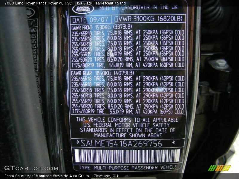 Info Tag of 2008 Range Rover V8 HSE