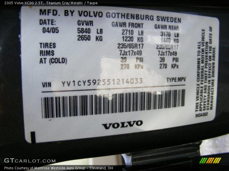 Titanium Gray Metallic / Taupe 2005 Volvo XC90 2.5T