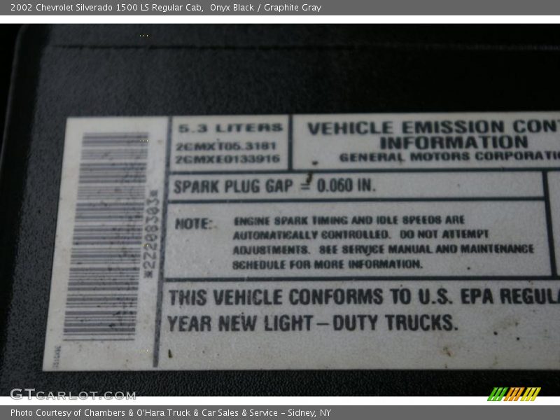 Info Tag of 2002 Silverado 1500 LS Regular Cab