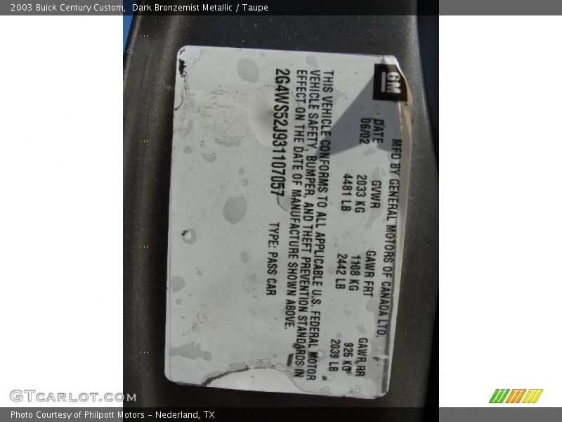 Dark Bronzemist Metallic / Taupe 2003 Buick Century Custom