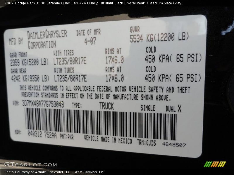 2007 Ram 3500 Laramie Quad Cab 4x4 Dually Brilliant Black Crystal Pearl Color Code PXR