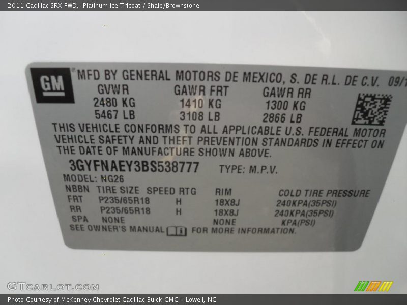 Platinum Ice Tricoat / Shale/Brownstone 2011 Cadillac SRX FWD