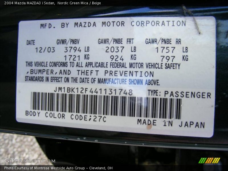 2004 MAZDA3 i Sedan Nordic Green Mica Color Code 27C