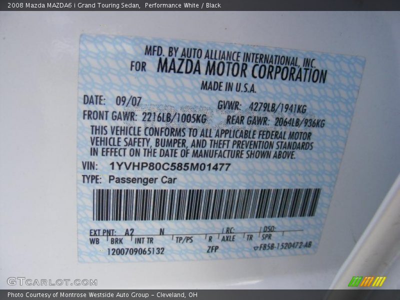 Info Tag of 2008 MAZDA6 i Grand Touring Sedan